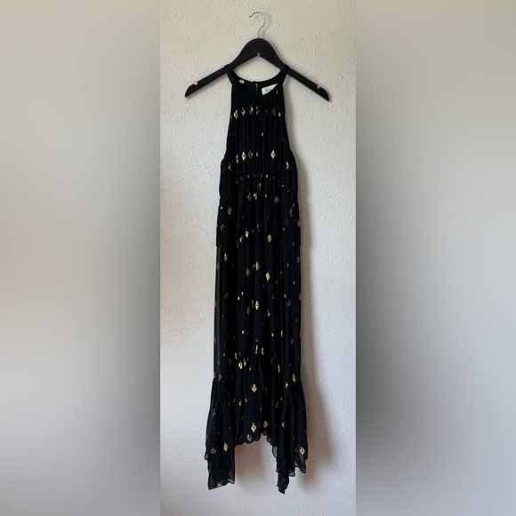 ALC Rosa Silk Black Gold‎ Metallic Halter Midi Length Dress 2 Asymmetric Ruffle - Picture 4 of 11